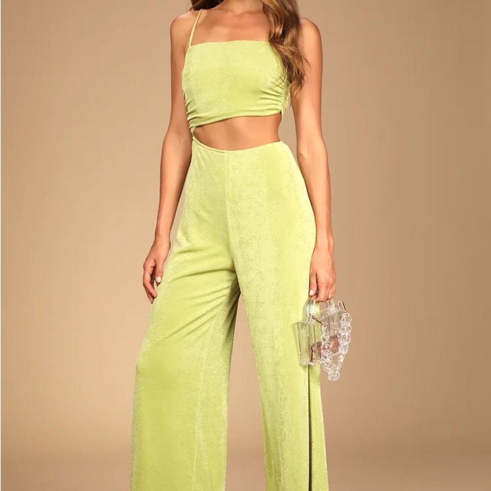 Lulu's Timely Trends Lime Green Asymmetrical Cutout Wide-Leg Green Jumpsuit